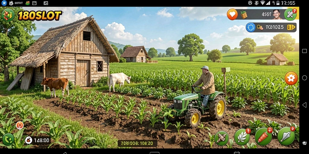 Tampilan gameplay <strong>180SLOT</strong> saat merawat kebun dan hewan ternak.