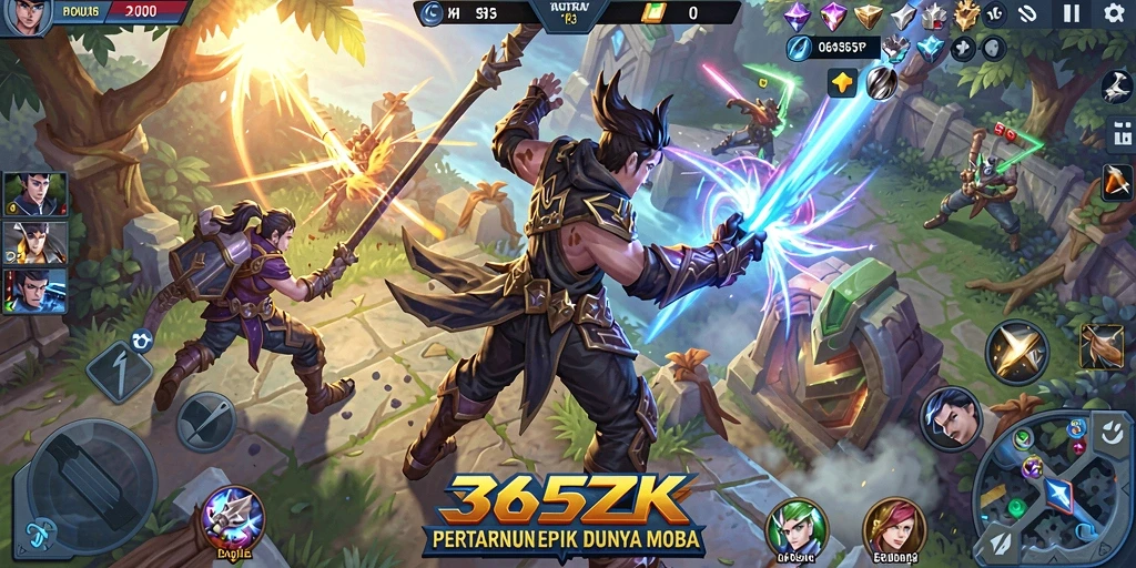 Screenshot utama 365ZK menampilkan pertarungan seru antar karakter MOBA.