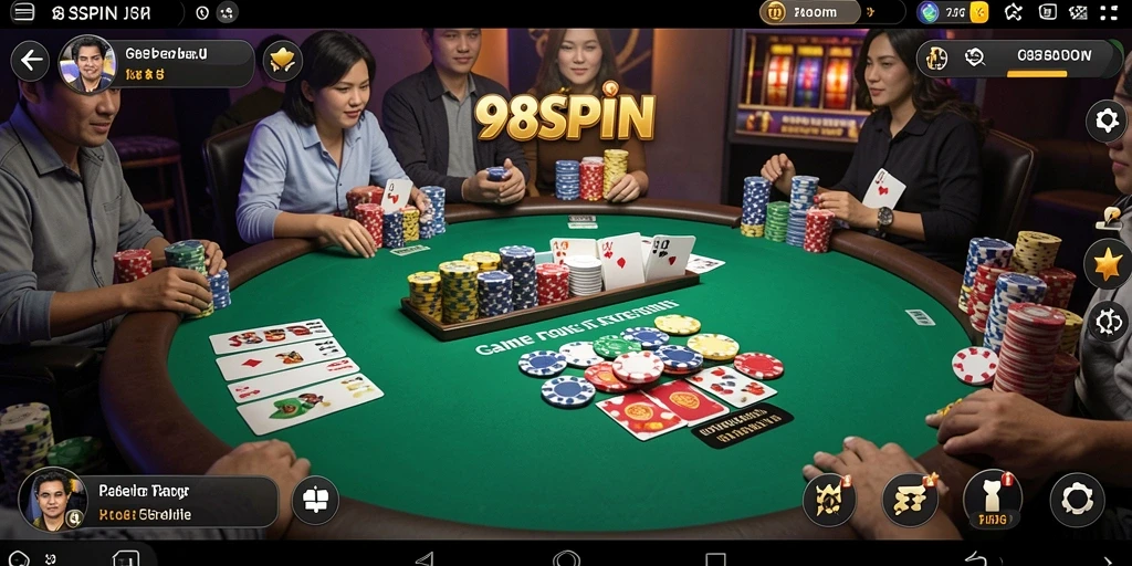 Screenshot gameplay 98SPIN menunjukkan peserta poker yang bersemangat.