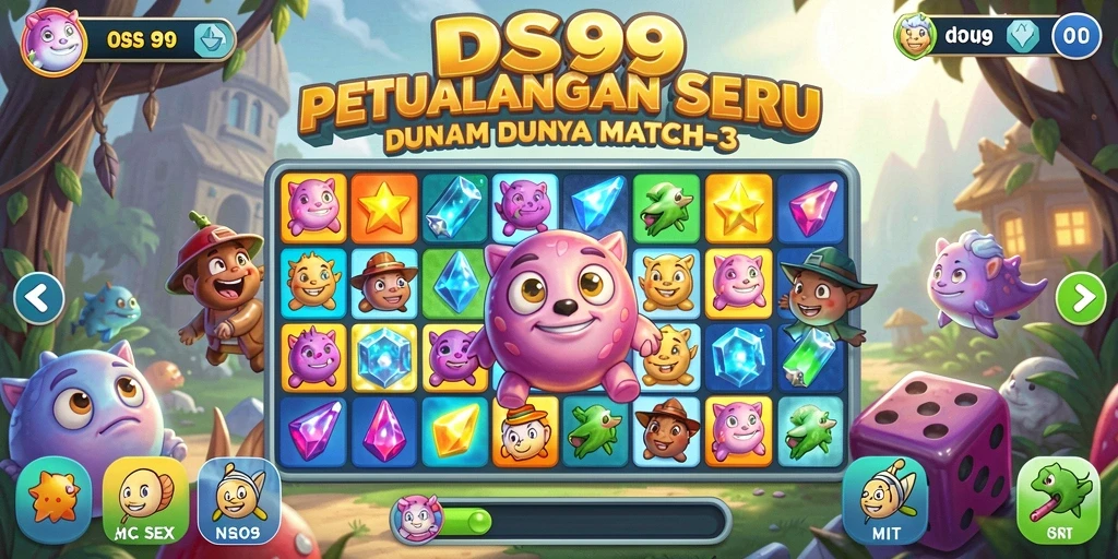 Screenshot utama DS99 menampilkan gameplay seru Match-3 yang penuh warna.
