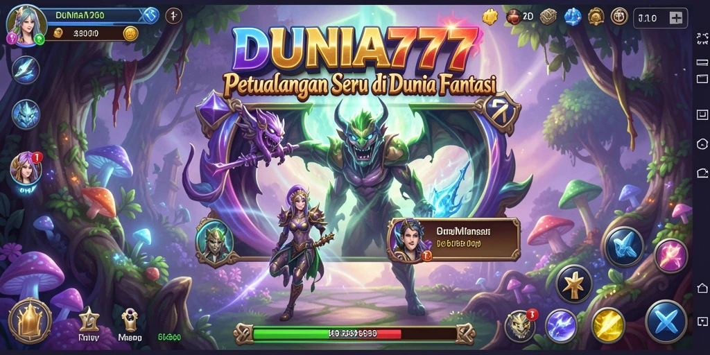 Tangkapan layar menunjukkan gameplay seru DUNIA777 dengan eksplorasi dunia petualangan.