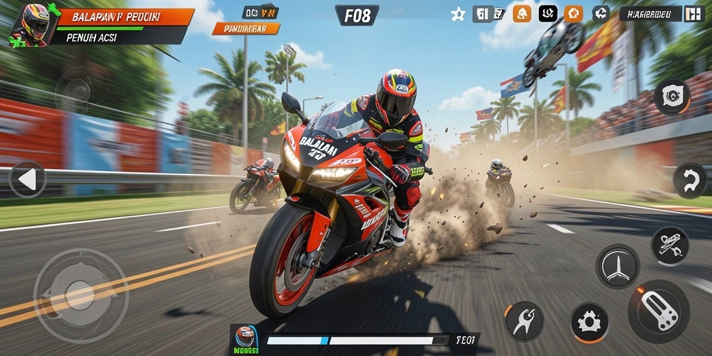 Tampilan gameplay F08 menampilkan balapan motor yang seru dan intens.