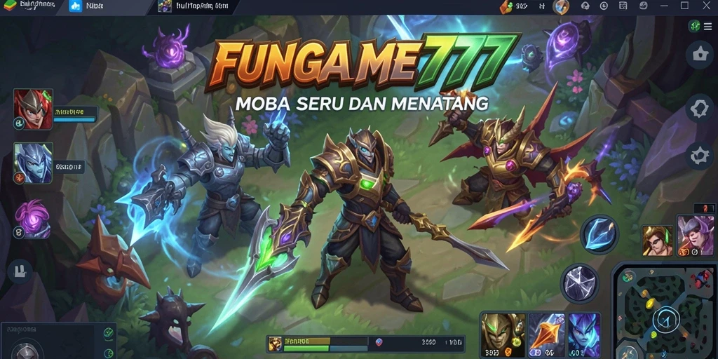 Screenshot gameplay FUNGAME777 menampilkan aksi pertempuran seru di arena MOBA.
