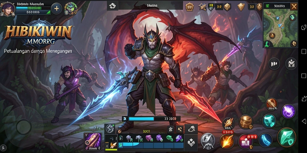 Screenshot gameplay HIBIKIWIN menampilkan pertempuran mendebarkan di dunia MMORPG.