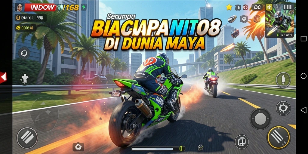 Screenshot gameplay INDOWIN168 menampilkan aksi balapan motor yang mendebarkan.