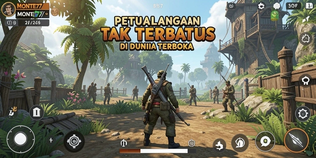 Screenshot gameplay MONTE77 menampilkan petualangan di dunia terbuka yang luas.