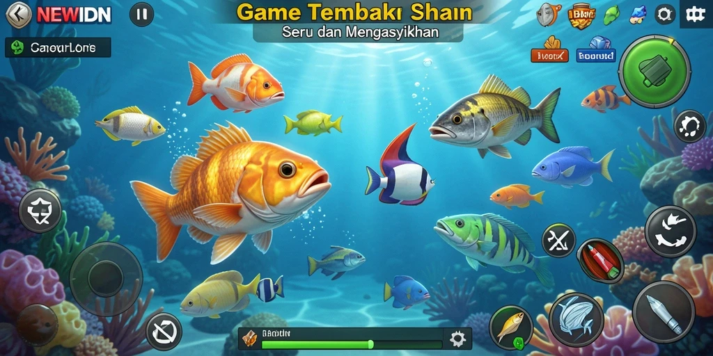Screenshot gameplay Tembak Ikan yang menampilkan tangkapan ikan berwarna-warni.