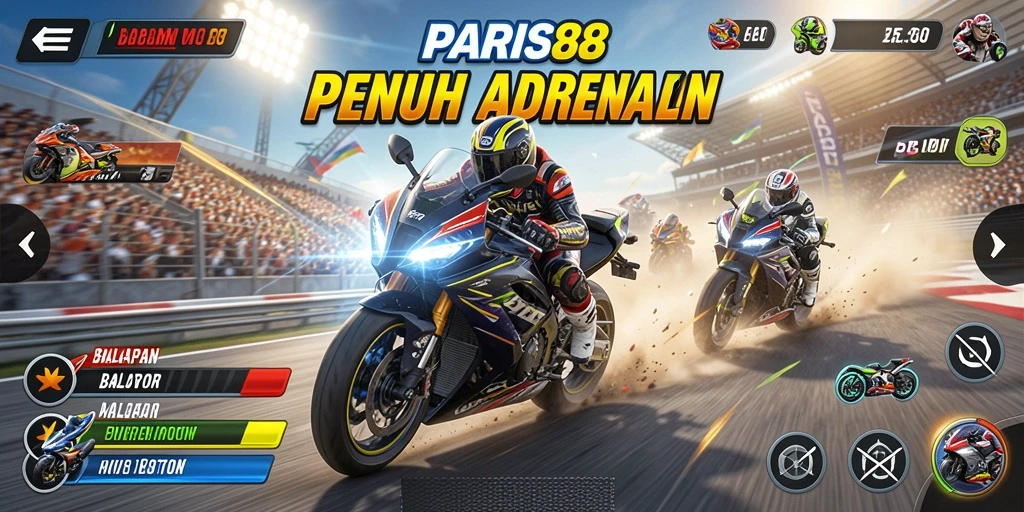 Screenshot PARIS88 menampilkan aksi balapan motor yang cepat dan mendebarkan.