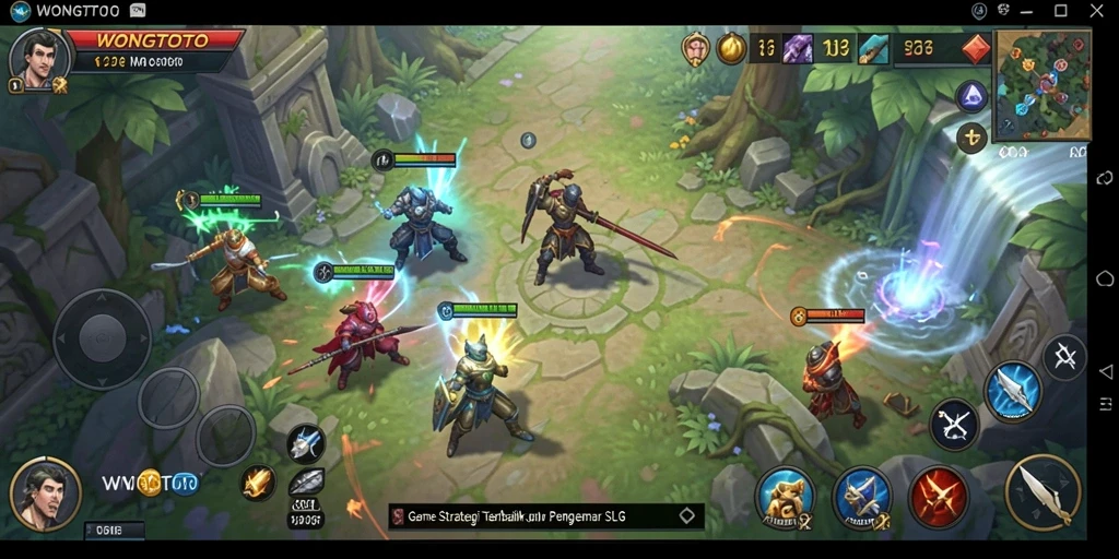 Screenshot permainan menampilkan pertarungan epik dan pembangunan strategi.